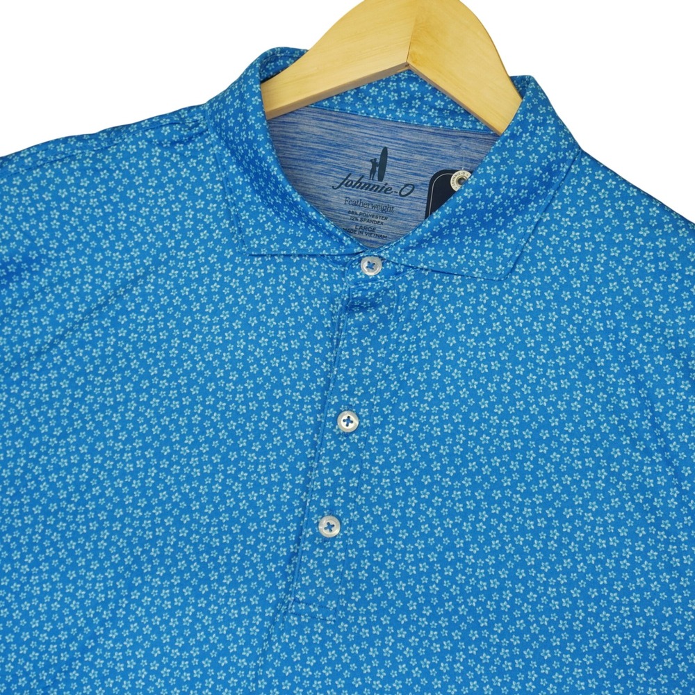 NEW Johnnie-O Featherweight Polo Shirt Mens Large Blue Plumeria Floral Golf